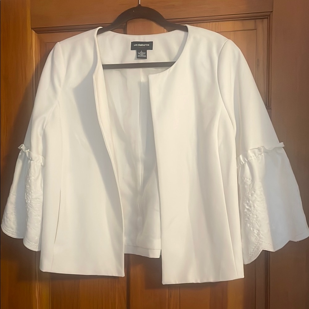 Liz Claiborne Cream Open-Front Jacket with Ruffled Bell Sleeves Large Perfect